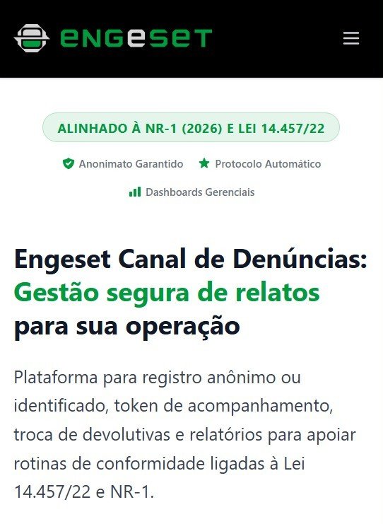 Preview da aplicação Canal de Denúncias Engeset com cabeçalho e menu